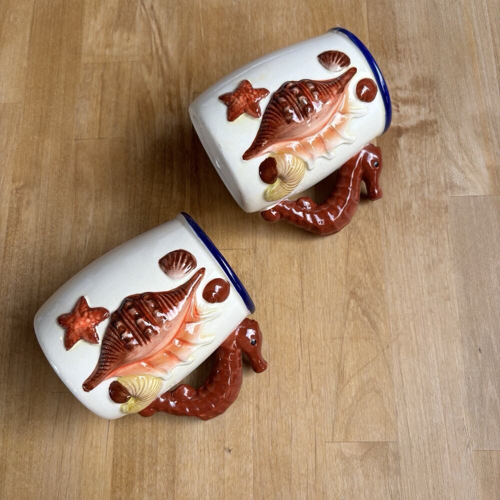 3D Sea Horse Mug Cups Set Of 2 Ocean Theme Retro Mexican coffee Boho Beach Vibe - Picture 10 of 12